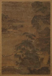 Flodlandskap: berg, tallar och byggnader, Mingdynastin, 1368-1644.