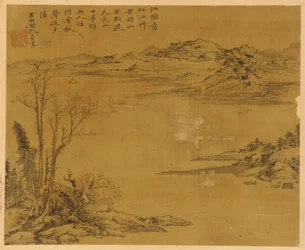 Flodlandskap: träd och hus i förgrunden, möjligen Yuan-dynastin, 1279-1368.