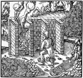Rostning av kopparmalm i en ugn vid C, 1556