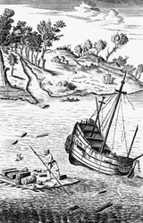 Robinson Crusoe räddar sina varor ur skeppets vrak, c1719