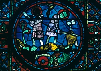 Roland bryter sitt svärd och låter sitt horn, målat glas, Chartres katedral, Frankrike, 1194-1260