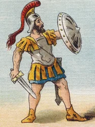 romersk soldat. Gravyr i "Alphabet de ma petite fille". Bernardin-Bechet och Fils, bokhandlare-förlag, Paris, omkring 1895. Okrossbart album på duk. Bibliotheque des Bebes. 12 sidor. Album innehållande en läsmetod och en illustrativ abecedary.