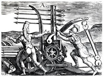 Romerska soldater som använder en krigsmotor som avfyrar flera pilar, 1605