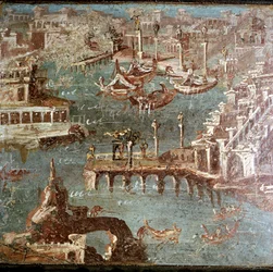 Romersk väggmålning av en hamnplats, Stabiae, nära Pompeji, Italien