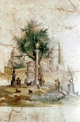 Romersk väggmålning av ett mytiskt landskap, Agrippa Postumus villa, nära Pompeji, Italien