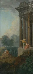 Romantiskt landskap med antik ruin och staffage