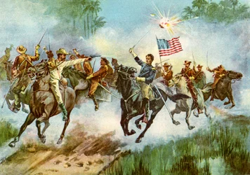 Rough Riders stämplar en spansk utpost, Kuba, spansk-amerikanska kriget, 1898