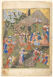 Royal Reception in a Landscape, högra folio från en dubbelsidig frontispice..., 1444.