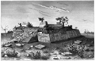 Ruinerna av pyramidtrappan i Xochicalco, Mexiko, 1901