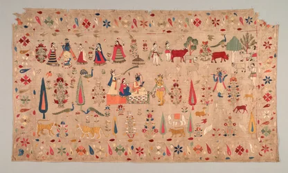 Rumal dekorerad med scener av Krishnas liv, 1700-talet.