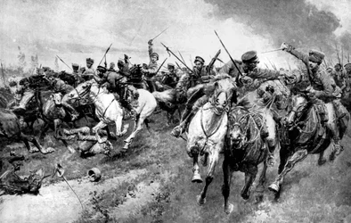 Ryska kosacker attackerar tysk armé, Östpreussen, första världskriget, 1914