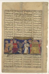 Rustum fall från Kabul för att betala hoge till kaine Khusrau, folio från Shahnama..., ka.1330-40.