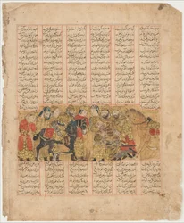 Rustam pläderar för Tus Before Kai Khusrau, Folio from a Shahnama..., A.H. 741A.D. 1341.