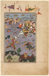 Rustam möter utmaningen från Ashkabus, från en Shah-nama Book of Kings of Firdausi...c1590-1600.