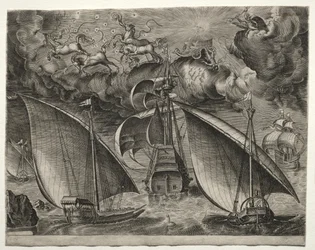 Segelfartyg: Två galärer som seglar bakom en beväpnad tremästare med Phaeton..., 1561-65.
