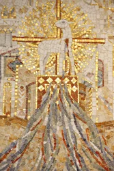 Saint-Maurice klosterbasilika, mosaik av Madeleine Diener Guds lamm och 7 kanaler som symboliserar skapelsen, Saint-Maurice, Suisse