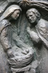 Saint-Pierre de Montmartre-kyrkan: Notre Dame-dörrskulptur: Nativity, Paris, Frankrike