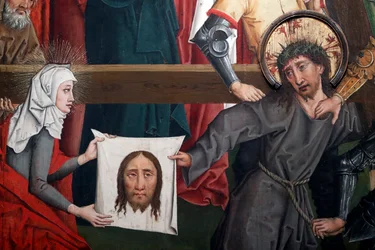 Saint-Pierre le Vieux katolska kyrkan, Kristus i hans passion, Veronicas slöja, målning av Henri Lutzelman 1400-talet, Strasbourg, Frankrike (foto)