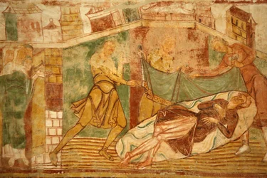 Saint-Savin sur Gartempe klosterkyrka Navvalvmålning: scen från Gamla testamentet som involverar Noah Saint-Savin Frankrike