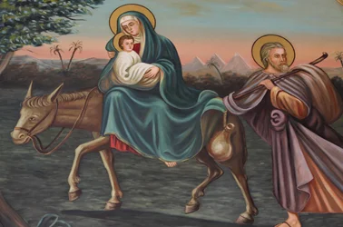 Saint Anthony koptisk kyrka målning: flygningen till Egypten, Jerusalem, Israel