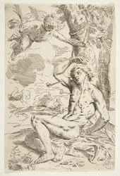 Saint Sebastian genomborrad med pilar och bunden till ett träd, kopia efter Cantarini, ca. 1639 eller senare.