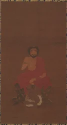 Sakyamuni sitter på tre demonliknande varelser, möjligen Yuan till tidig Ming-dynastin, 1300-1400-talet