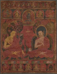 Sakyamuni med en lärjunge Thangka, 1300-talet.