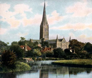 Salisbury Cathedral sett från floden Avon, Salisbury, Wiltshire, tidigt 1900-tal