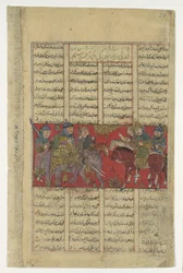 Sam kommer för att inspektera Rustam, Folio från en Shahnama Book of Kings, ca. 1330-40.