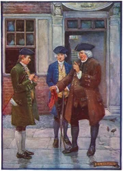 Samuel Johnson, engelsk man av bokstäver, pratar med Oliver Goldsmith, engelsk författare, c1755-1774