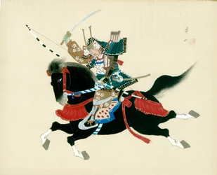 Samurajkrigare till häst. En japansk målning på siden i traditionell japansk stil
