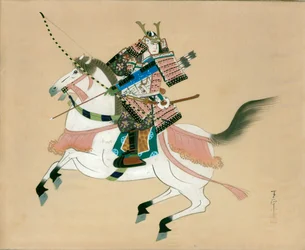 Samurajkrigare till häst. En japansk målning på siden i traditionell japansk stil