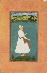 Sawai Jai Singh står i ett landskap, c1730