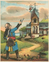 Scen från Baron Munchausens äventyr av Rudolph Erich Raspe, c1850