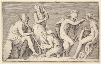 Scene of Sacrifice med Warrior Killing Ram och fyra andra figurer, publicerad ca. 1599-1622.