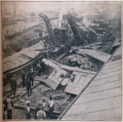 Scen för den fruktansvärda järnvägskatastrofen i Salisbury, 1906