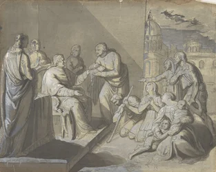 Scen med presentationen av en helgonrelik recto, en kvinnas huvud, 1800-1900.