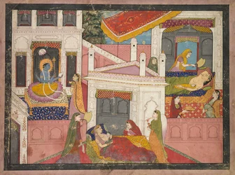 Scener från Krishnas födelse, ca. 1840.