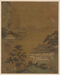 Forskare anländer till en Riverside Pavilion, Ming-dynastin, 1400-talet.
