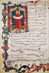 Partitur med illumination i Squarcialupi-kodexen, ca 1410-1415