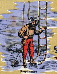 Scuba kostym. Illustrerat alfabet. Bilder återförenades i Jarville-Nancy, början av 1900-talet. Mått: 40 x 29 cm. Litografi på en bistre bakgrund
