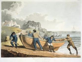 Sjömän som drar en klinkbyggd jolle upp på stranden, 1821