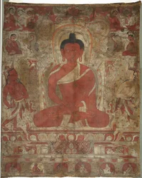 Sittande Amitabha med skötare, ca. 1100-talet.