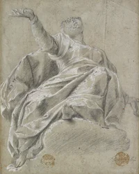 Sittande kvinnofigur på ett moln, blickande uppåt, 1600-1675