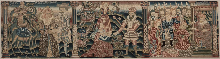 Avsnitt av en broderad fris: Rebecca möter Isaac, Abigail möter David, 1625-1649.