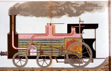 Sektionsvy av ett ångjärnvägslokomotiv från mitten av 1800-talet, 1882