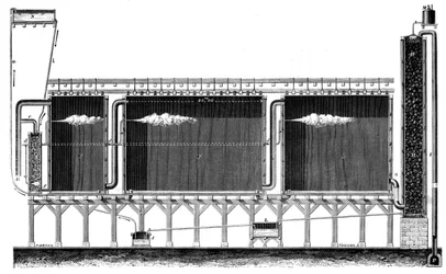 Sektionsvy av blykammare för storskalig produktion av svavelsyra, 1870