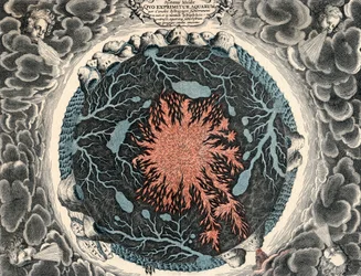 Sektionsvy av jorden, som visar central eld och underjordiska kanaler kopplade till hav, 1665