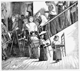 Shaker-gemenskapen går på middag, var och en med sin egen Shaker-stol, New York State, 1870