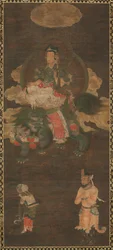 Shakyamuni Triad: Buddha deltog av Manjushri och Samantabhadra Bodhisattva med Lion, sent 1300-tal